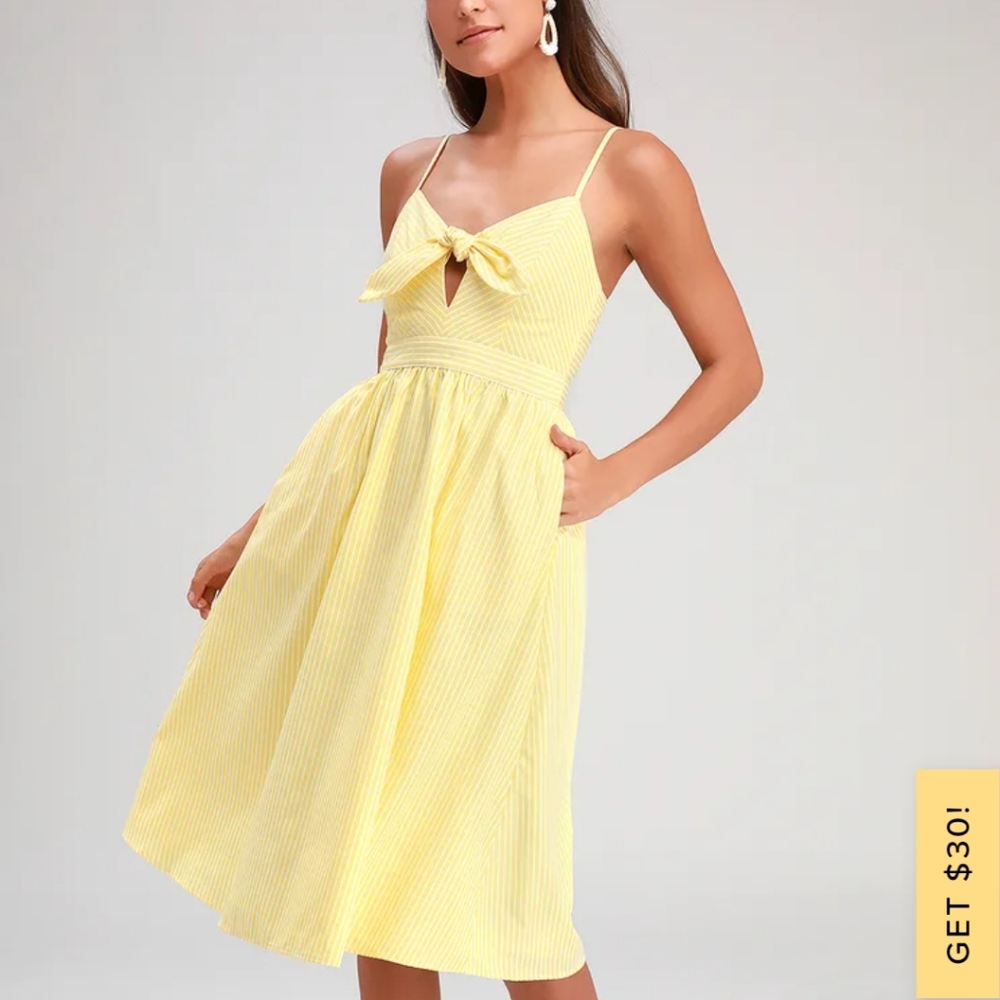 Lulu's Yellow Striped Knotted Front Midi Dress-XS